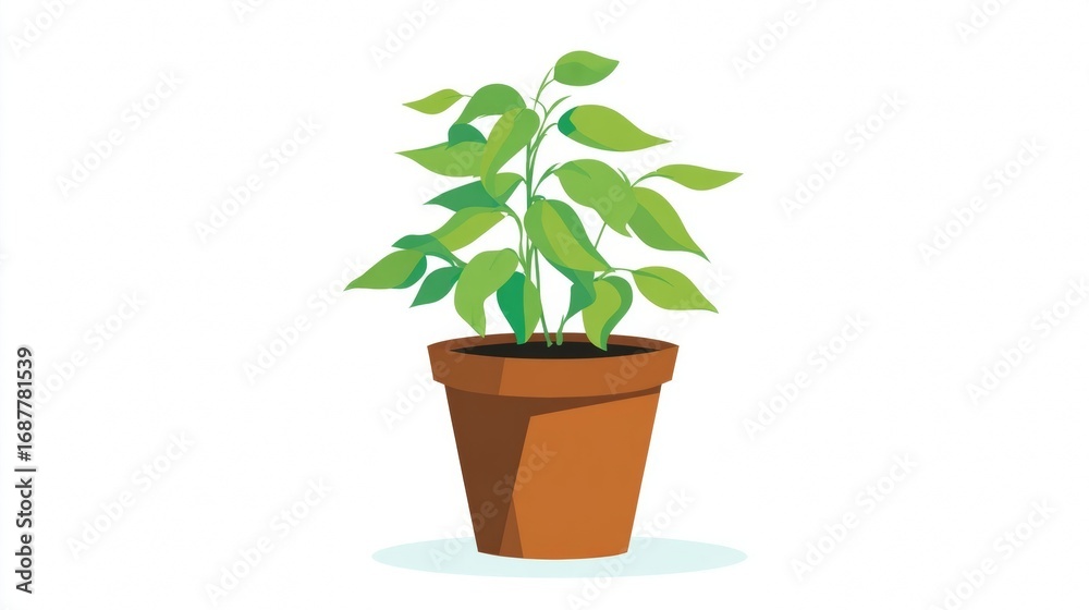 Obraz premium A vibrant green plant with multiple leaves growing in a simple brown terracotta pot.