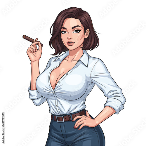 A beautiful businesswoman in a white shirt and jeans holds a cigar
