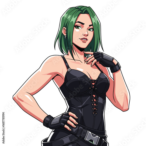 A futuristic or cyberpunk woman with short green hair and a black outfit poses confidently