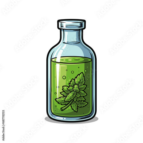 A glass bottle with a green liquid potion and a floating herb branch inside
