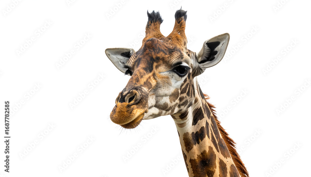 Fototapeta premium Close-up giraffe head on white—highlighting expressive gaze, patterned elegance, and wildlife charm.