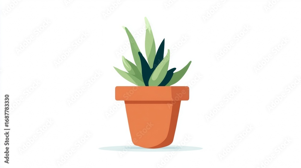 Obraz premium Simple cartoon illustration of a green potted plant in a terracotta pot on a white background.