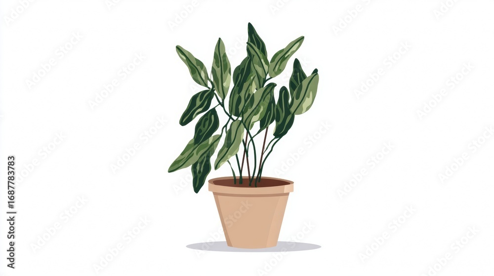 Fototapeta premium Illustration of a potted houseplant with long, green leaves in a simple brown pot on a white background.