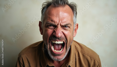 Close-up portrait captures middle-aged man intense facial expression of rage, frustration. Eyes narrowed, brows furrowed, mouth open in shout, conveying strong negative emotions like anger,