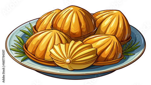 Golden shell-shaped madeleines lie gently on a chic plate. Their buttery aroma, isolated on white background, captures simplicity, literary charm, and timeless beauty of French tea-time tradition.