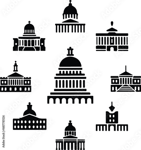 Capitol Landmark Silhouette Icon Vector Set Historic Capitol Building Black Silhouette Icon Design