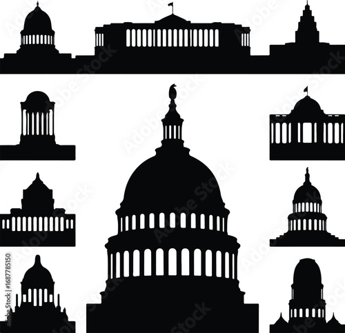 Capitol Landmark Silhouette Icon Vector Set Historic Capitol Building Black Silhouette Icon Design