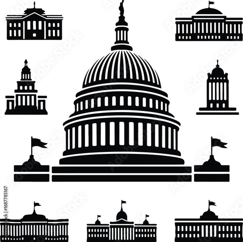 Capitol Landmark Silhouette Icon Vector Set Historic Capitol Building Black Silhouette Icon Design