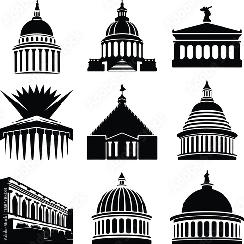 Capitol Landmark Silhouette Icon Vector Set Historic Capitol Building Black Silhouette Icon Design