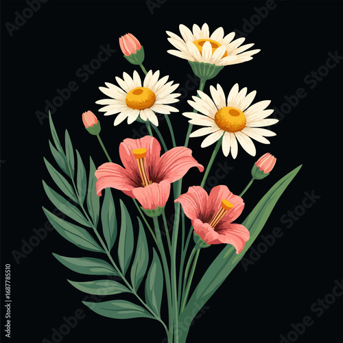 Vector chamomile, bell of lily flower with 
leaf isolated on black background.
Summer print. 
Element of seamless fabric pattern.
Floral fashion ornament for women clothing, 
t-shirt, textile, paper.