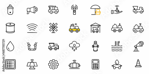 Depicts an array of diverse icons including vehicles, weather elements, and industrial equipment imagery set