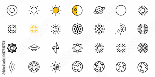 Collection of various celestial and earthly icons including suns planets and globes arranged in a grid pattern