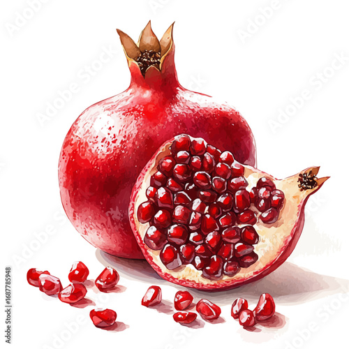 Pomegranate, watercolor illustration vector, isolated on a white background.