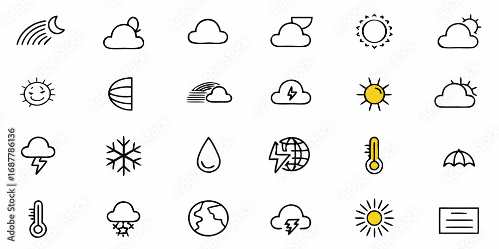 Fototapeta premium Collection of weather icons including sun cloud rain rainbow snow lightning thermometer and other elements