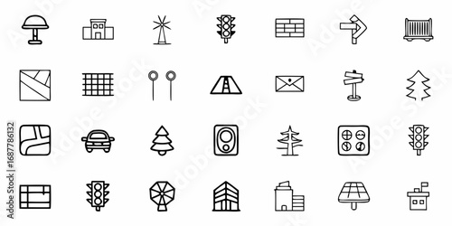 A collection of line art icons depicting various objects including buildings, trees, and transportation elements