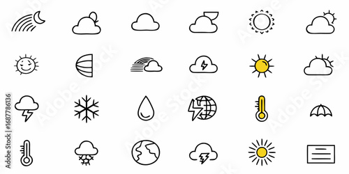 Collection of weather icons including sun cloud rain rainbow snow lightning thermometer and other elements