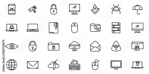 Collection of security and technology themed line art icons arranged in a grid pattern on white background