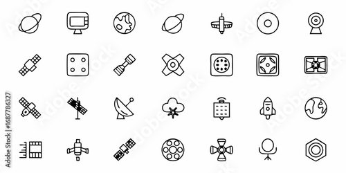 Collection of space related icons including planets, satellites, rockets and communication devices line art