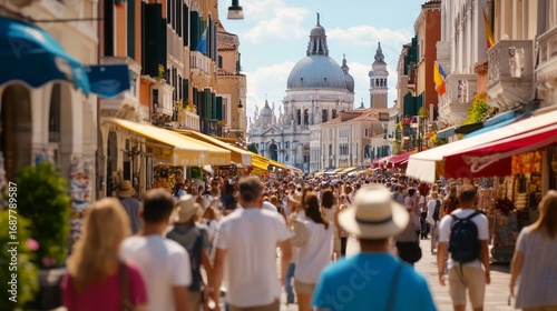 Large crowd of tourists walking through medieval street towards famous European cathedral, symbol of overtourism and crowded travel