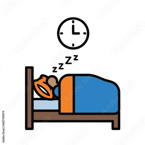 A cartoon illustration of a person sleeping soundly in a bed under a blue blanket, with a clock showing the time above their head, indicating rest and bedtime.