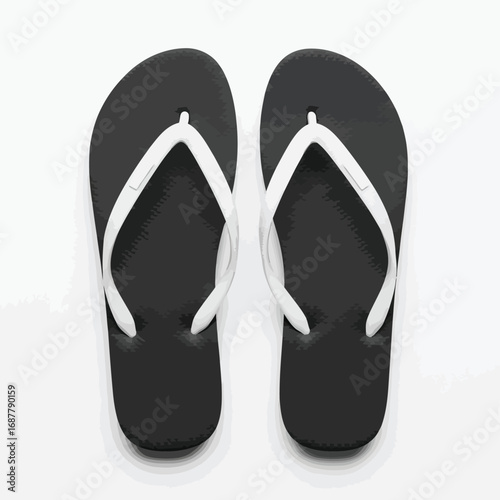Black flip-flops with white straps on a white background.