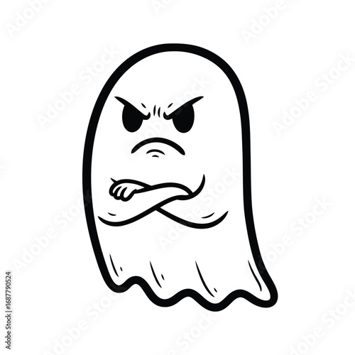A black and white cartoon illustration of an angry ghost with crossed arms, featuring a grumpy expression and simple line art.