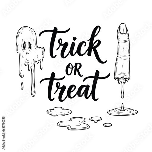 Black and white Halloween illustration with the words 