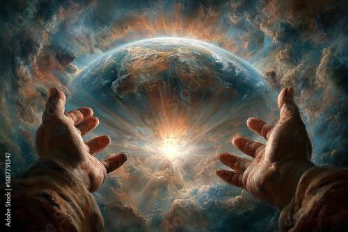 Lord divine act: sacred motion, celestial hold, holy creation, spiritual gaze, Earth destiny, divine power, eternal vision, scriptural theme, cosmic balance, theological belief, holy bond
