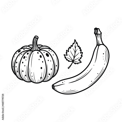 Black and white line art illustration featuring a pumpkin, a banana, and a leaf, depicting natural food elements.