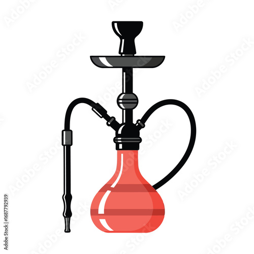 Stylized illustration of a traditional hookah with a red glass base and black stem and hose on a white background, used for smoking shisha.