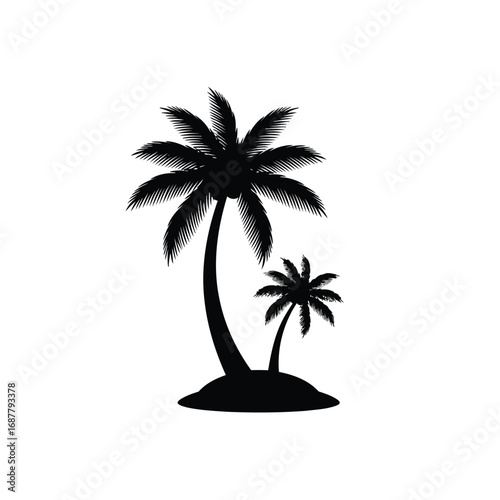 A silhouette of two palm trees on a small island against a white background.