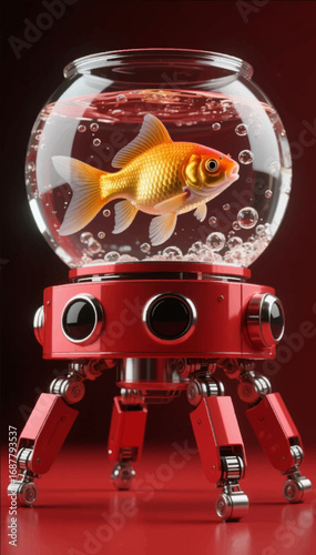 3D illustration of a robot with a round goldfish aquarium instead of a head. Vector graphics. EPS.