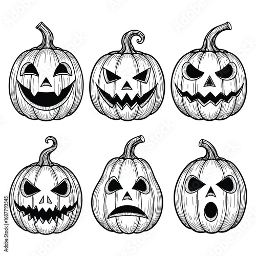 Six black and white illustrations of carved Halloween pumpkins with various spooky expressions.