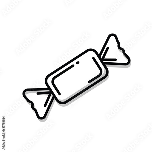 A simple black and white line drawing of a single piece of wrapped candy, depicted in a minimalist doodle or icon style.