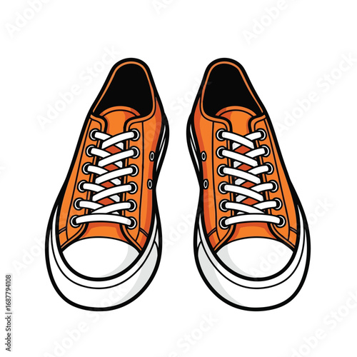 A vibrant pair of orange canvas sneakers with white laces and toe caps, viewed from above on a white background.