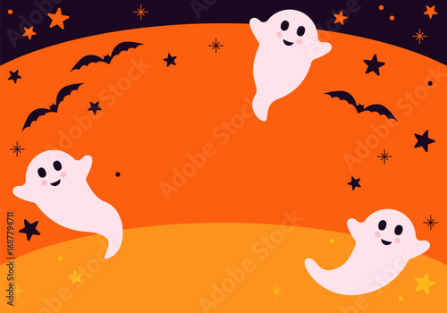 Three flying ghost spirit sad, smiling, showing tongue. Boo. Happy Halloween. Scary white ghosts. Cute cartoon spooky character. Smiling face, cheeks. Orange background Greeting card. Flat design