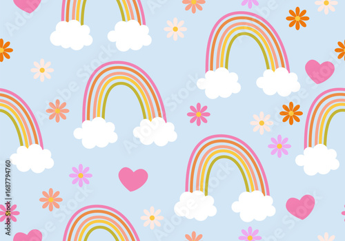 Seamless childish pattern with hand drawn rainbows and hearts and flowers. Creative scandinavian kids texture for fabric, wrapping, textile, wallpaper, apparel