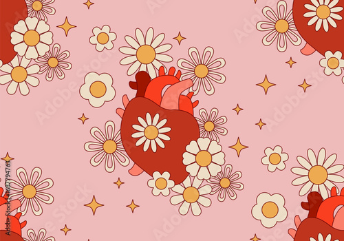 Nice heart background. Seamless pattern with Red heart and flowers design. Health care concept vector illustration. Love