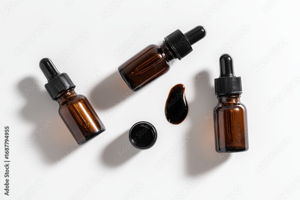 Amber glass dropper bottles with dark liquid spill on white background Amber glass dropper bottles with dark liquid spill on white background