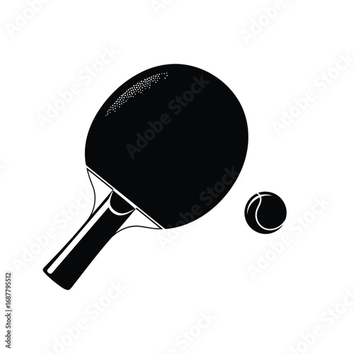 Black and white illustration of a ping pong paddle and ball.