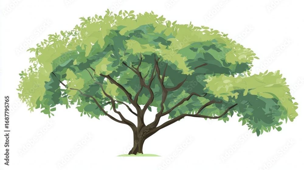 Fototapeta premium A vibrant green tree with lush foliage and a brown trunk stands isolated against a clean white background