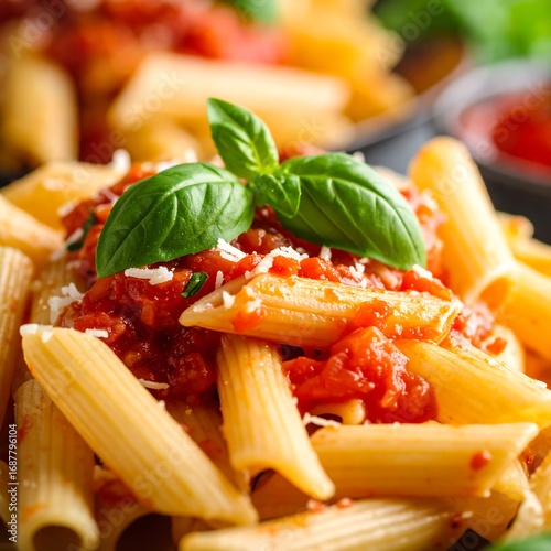 Penne pasta dish with tomato sauce and basil