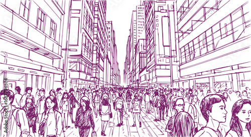 Black and White Illustration of Large Urban Crowd from Low Angle View, People Walking in City Street Gathering