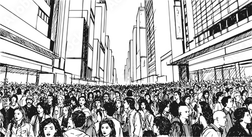 Black and White Illustration of Large Urban Crowd from Low Angle View, People Walking in City Street Gathering