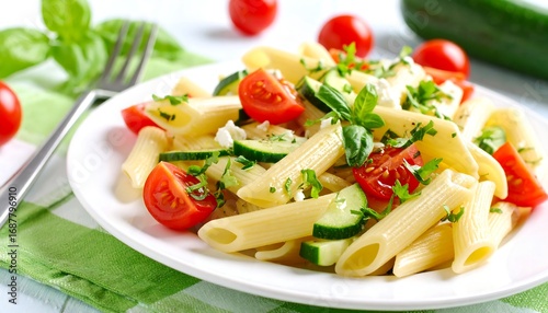 Penne pasta salad with fresh vegetables