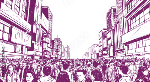 Black and White Illustration of Large Urban Crowd from Low Angle View, People Walking in City Street Gathering