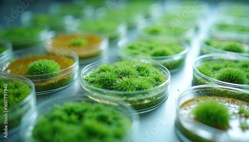 Rows of Petri dishes containing vibrant green plant tissue cultures. Cultures represent advancements in biotechnology, agriculture, horticulture research. Sterile laboratory environment supports