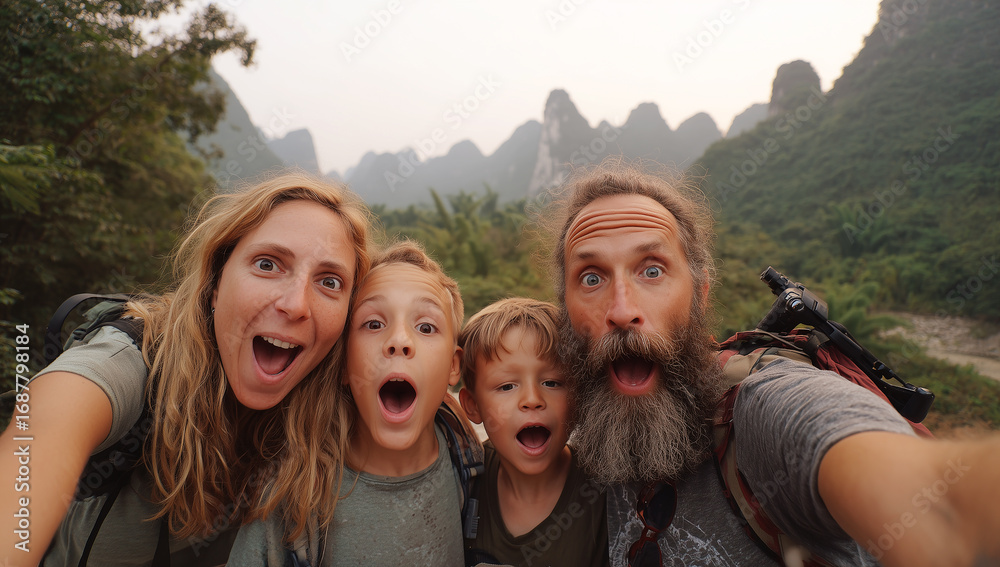 Fototapeta premium Aventura familiar y asombro ante la majestuosidad natural.Familia tomándose un selfie con caras de sorpresa frente a una cascada en la naturaleza. 