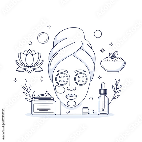 Woman with a face mask and skincare products.