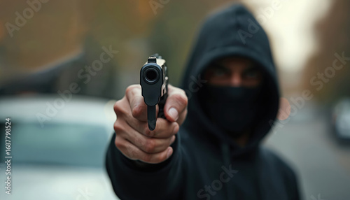 Man in black hoodie, face mask points handgun directly at camera creating tense atmosphere. Close-up urban street scene with blurred background. Fear, intimidation conveyed through confrontation,